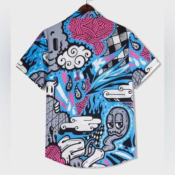 ROMWE Street Life Guys Cartoon Graphic Button Down Shirt - Picture 3 of 9